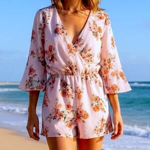 Everly Romper Sz S Pink Floral 3/4 Bell Sleeves V-neck One Piece Chiffon